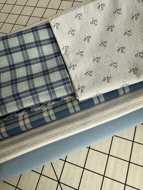 Blue Cotton Fabric Lot – 4+ Yards Mixed Plaid Floral Solid Cottage Quilt Sewing